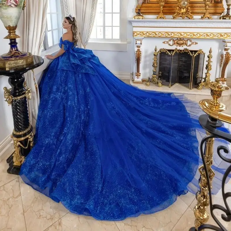 Customized Royal Blue Shiny Quinceanera Dresses Ball Gown Sequin Applique Lace Beading Crystal Tulle vestidos de 15 años