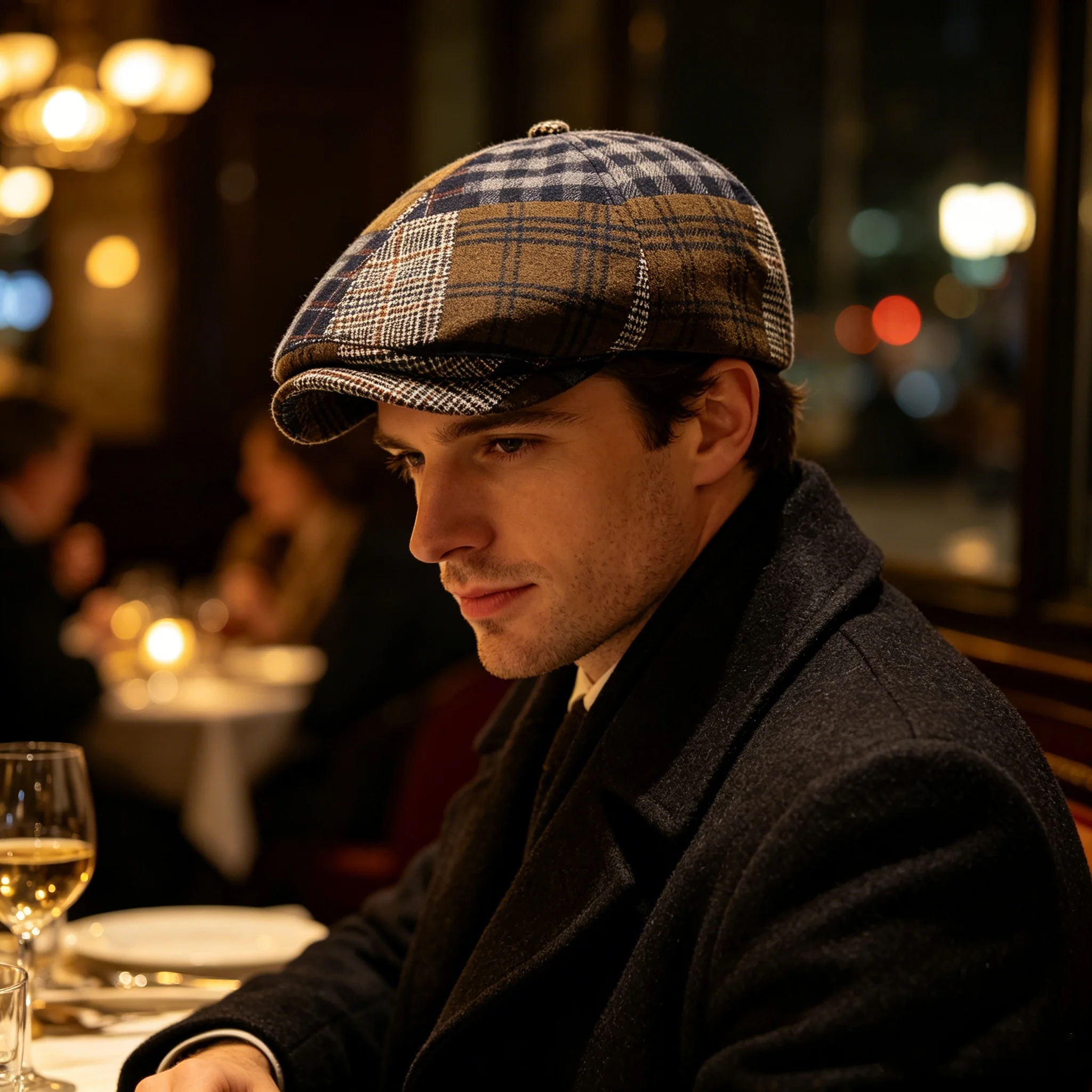 Men's Vintage Plaid Patchwork Newsboy Hat, Multi-Colored Plaid Fabric, Adjustable Octagonal Beret with Buttoned Front Brim, Suitable for Dating, Daily Wear, and Pairing with Coats and Trench Coats