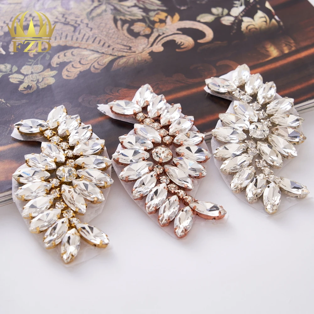 FZD 1 Pair Handmade Crystal Beaded Silver Rhinestone Applique Sew Iron on Bridal Sash Belt Trim Accessories Rhinestone Applique