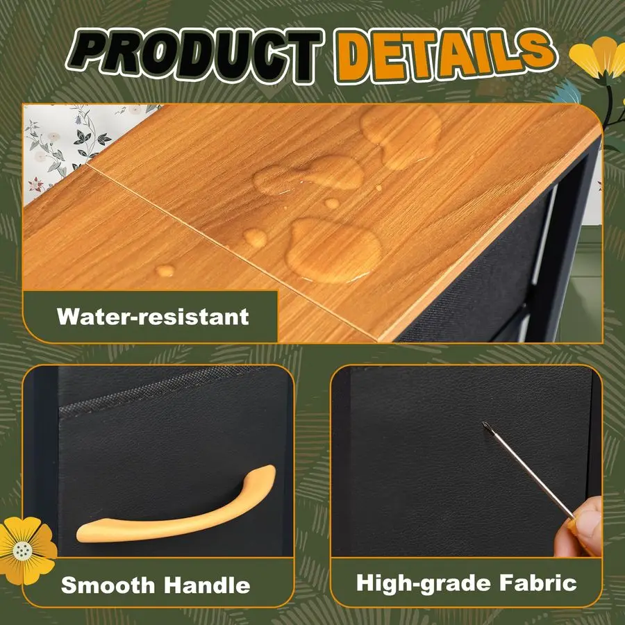 Torre de armazenamento de cômoda com 5 gavetas, cômoda fina com estrutura de aço, tampo de madeira, cômoda para quarto, banheiro,