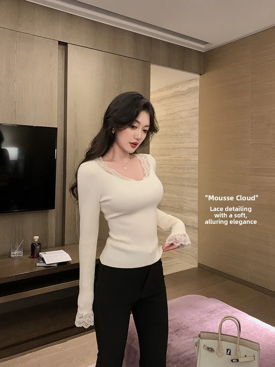 

Ele White Lace Trim Knitted Top Women's Faionable Autumn Winter Sweater V-Ne Long Sve Soft Nylon Polyester Blend