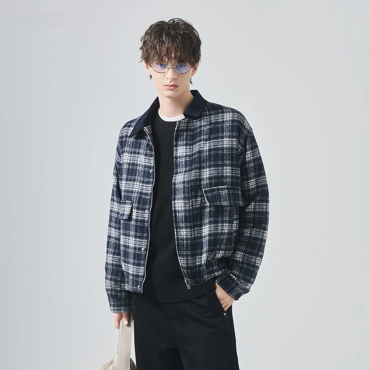 

Мужское зимнее хлопковое пальто свободного кроя в клетку, шерстяное, модное, городское, с длинным рукавом, откидным воротником, производство Китай