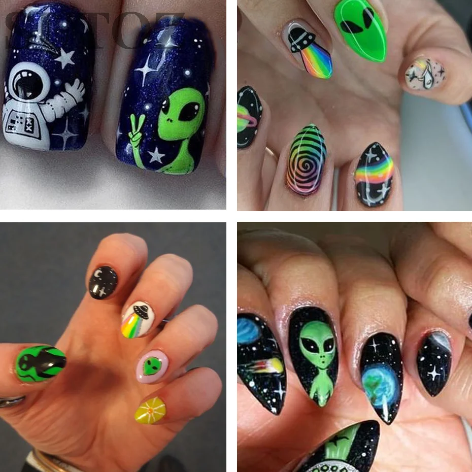 5D Aliens Astronaut Embossed Nail Stickers Green Alien eyes Astronaut Design Cute Interstellar Style Nail Art Decor #LEJI-5D63