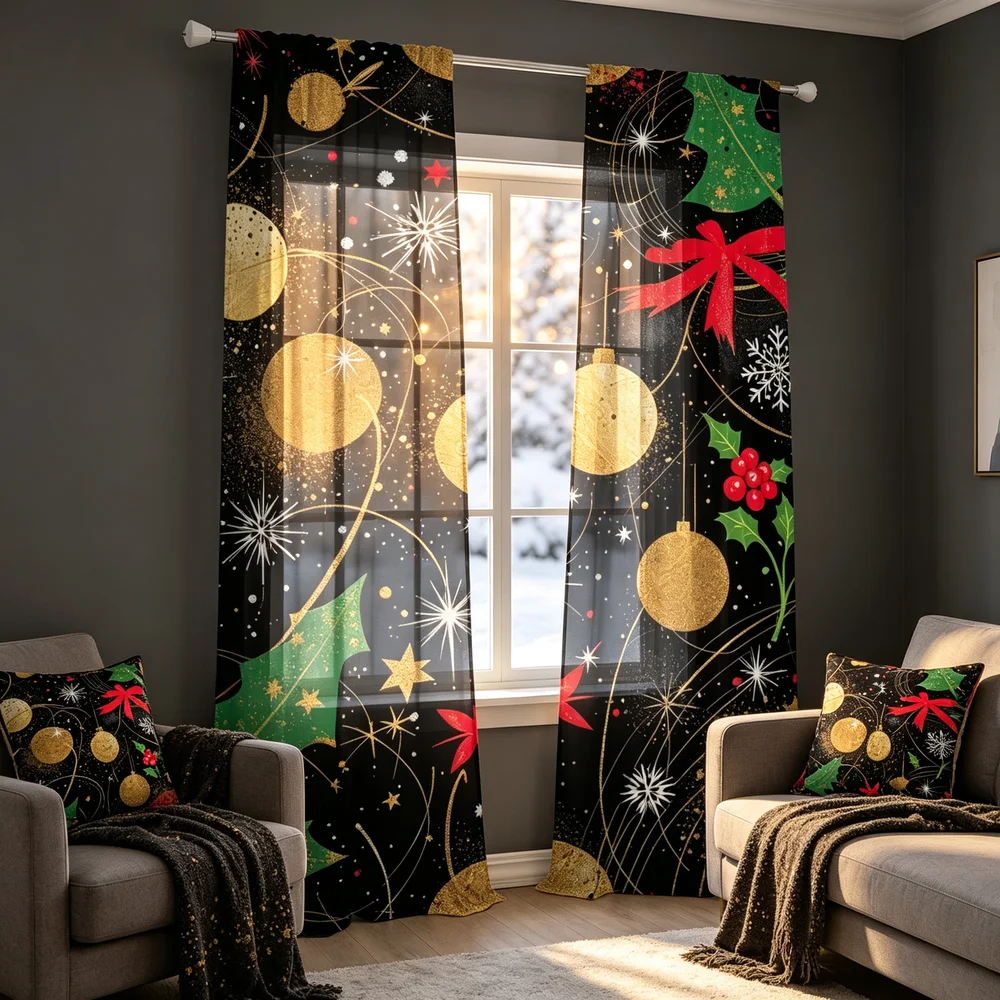 2PCS Christmas Curtains, Black Gold Ornaments Holly Print, Bedroom Living Room Window Drapes, Rod Pocket Polyester, Home Decor