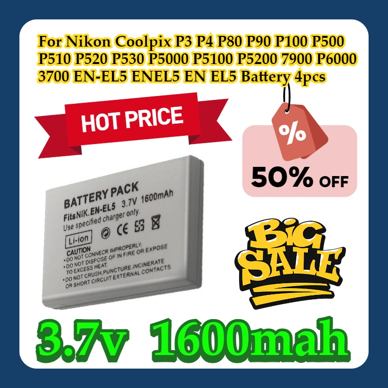 

For Nikon Coolpix P3 P4 P80 P90 P100 P500 P510 P520 P530 P5000 P5100 P5200 7900 P6000 3700 EN-EL5 ENEL5 EN EL5 Battery 4pcs