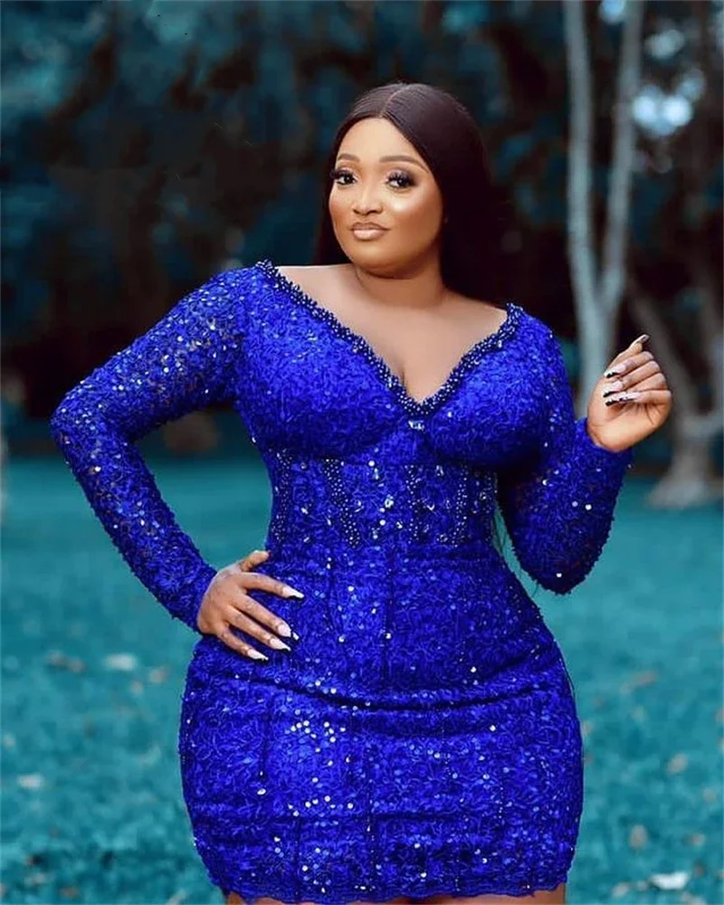 Sexy African Royal Blue V Neck Short Prom Dresses For Black Girls Beaded Sequined Birthday Party Gown Mini Cocktail Homecoming