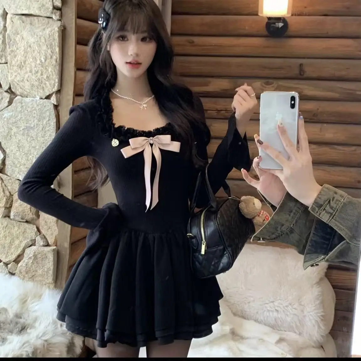 

Japan Vintage Black Y2k Mini Dress Woman Slim Kawaii Short Party Dress Elegant One Piece Dress Korean Fashion Autumn Chic