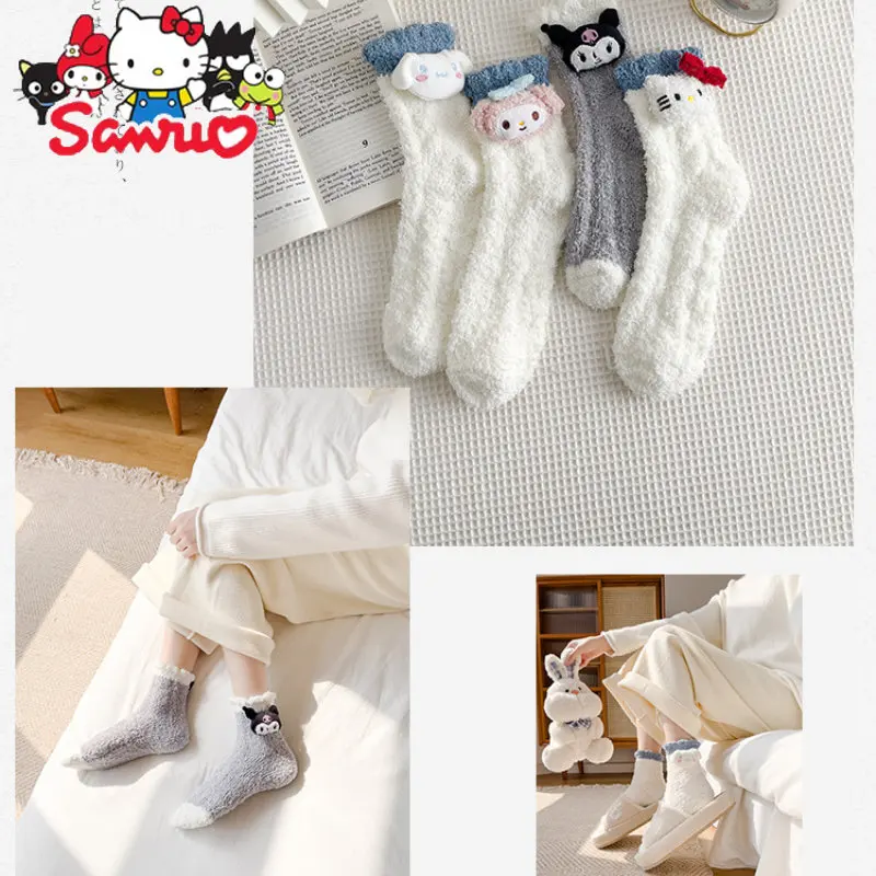 Sanrio Kuromi Melody Winter Kids Sleep Socks Cinnamoroll Pochacco Doll Cartoon Coral Fleece Japanese Warmth Socks Gift For Girl