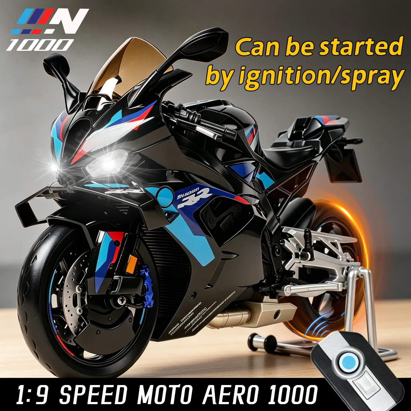 1:9 Scale Alloy Motorcycle Model for BMW M1000RR Spray Sound Light Dynamic Racing Toy Boys Simulation Collection Gift Boys