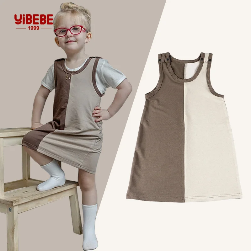 

Girls dress summer sleeveless brown denim colorblock girl set dresses children clothing dress round neck straps with buttons