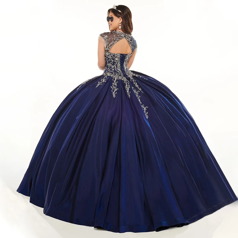 Vestido De fiesta De Organza azul marino para quinceañera, con cuentas brillantes, 15 años, 2021