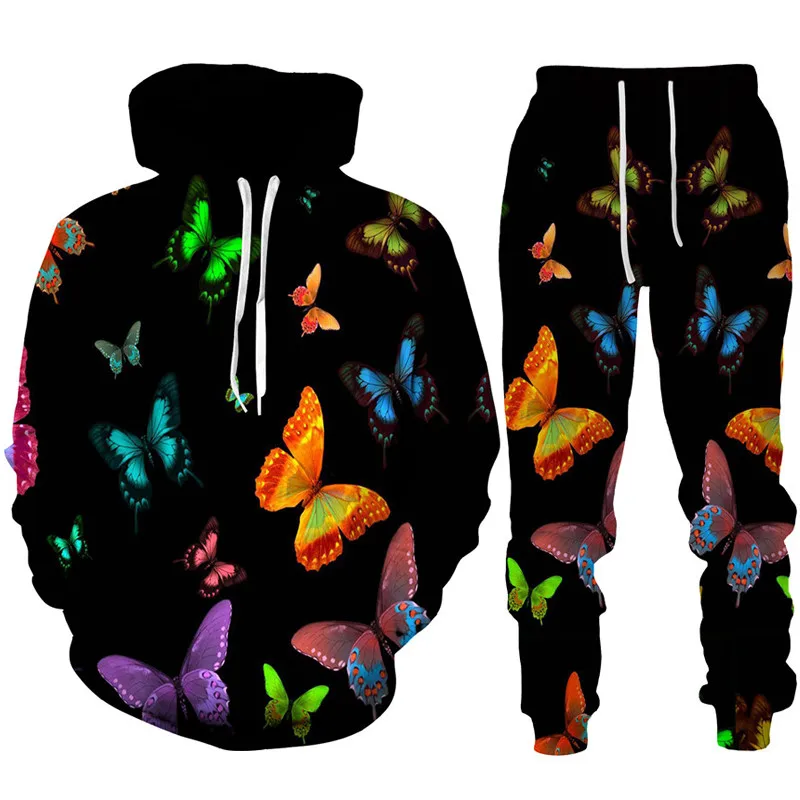 Novelty 3D Butterfly Print Hoodie/Pants/Suit Men and Women\'s Casual Hooded Pullover Sweatshirt Sport Wear Female Two Piece Track