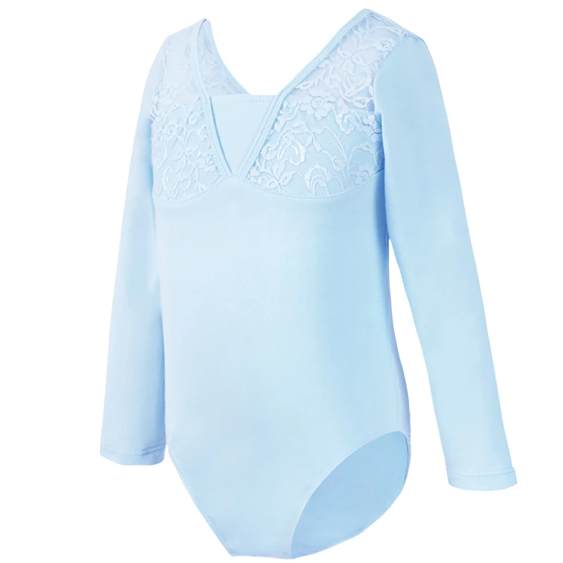 Girls Ballet Leotards Child Kids Dance Costume Gymnastics Leotards Long Sleeve Bow U Back Lace Splicing Bodysuit Dancewear