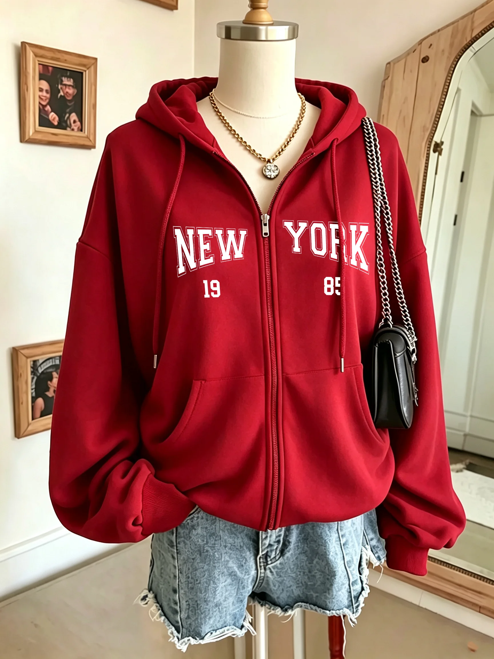 New York 1985 Art Letter Prints Damen-Kapuzenpullover mit Reißverschluss, Hip-Hop-Fleece-Kapuzenpullover, lässiger, lockerer Kapuzenpullover, Herbst, bequeme Streetwear – Detail 12