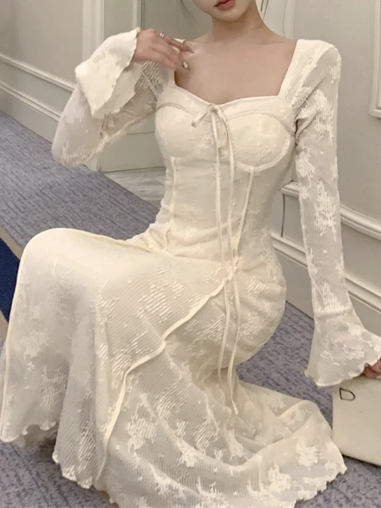 Women Fashion Elegant Casual Midi Dress Spring Vintage Chic A-Line Solid Party Birthday Vestidos Female Clothes Long Robe Mujers