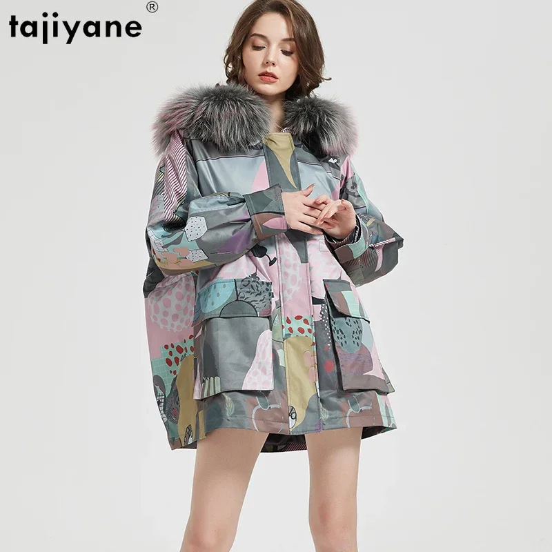 

Tajiyane Super Quality 90% White Goose Down Jacket Women Winter Printed Down Coats Mid-length Loose Parkas Raccoon Fur Collar