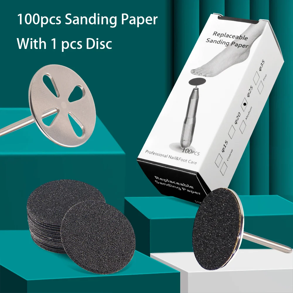 Papel de lixa substituível para remoção de calos de cutícula de pé, 25mm, com kit de almofadas de disco de pedicure, haste de 3/32 '', lixa de disco de metal