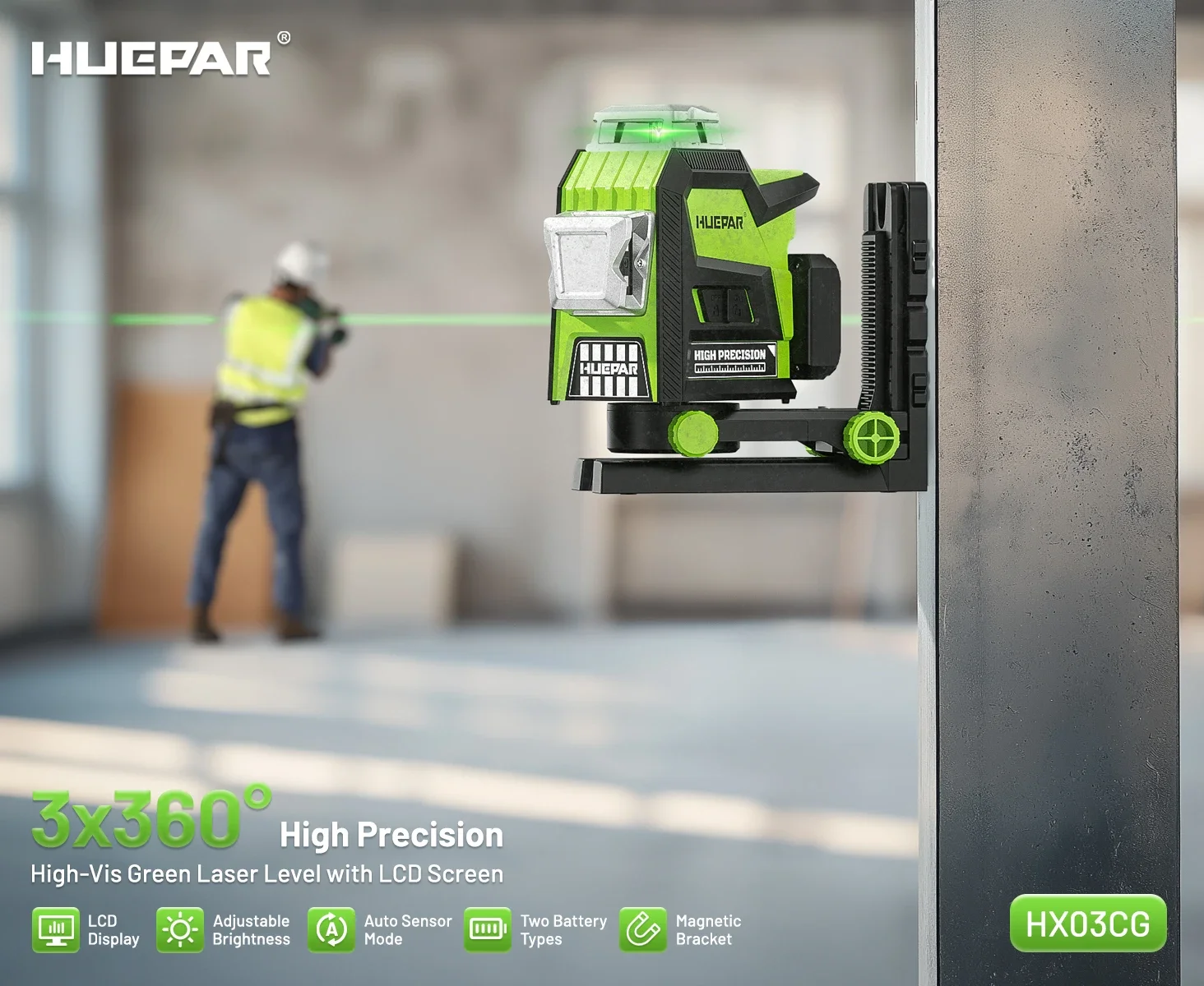 Huepar HX04CG 16 Lines Laser Level Self-Leveling 4D Cross Line Adjust Bright Laser Tool with LCD Screen & Li-ion Battery