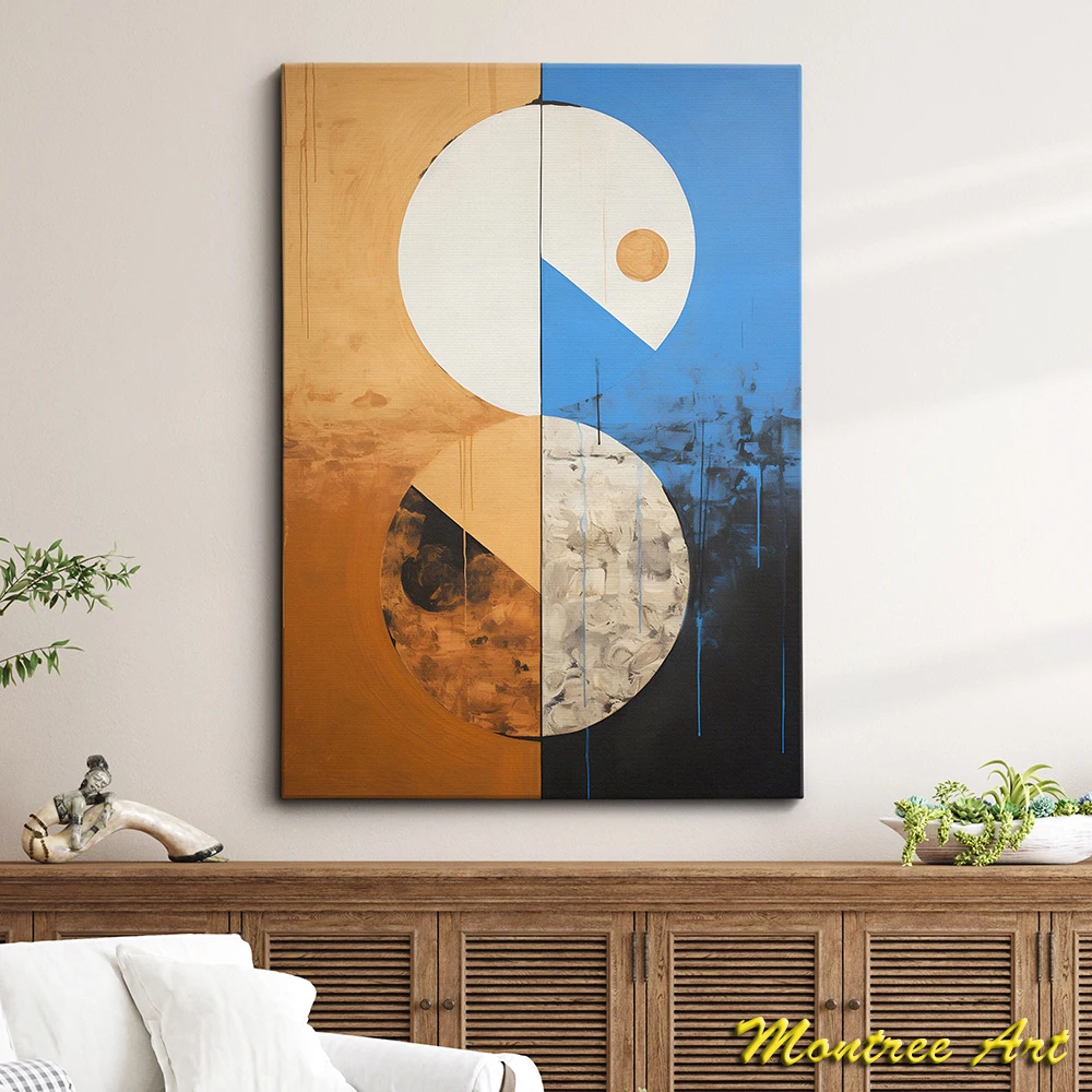 Hand Painted Oil Painting Circular Divide Geometric Shapes Yin Yang Abstract Modern Oil Painting Wall Art Home Office Room Decor