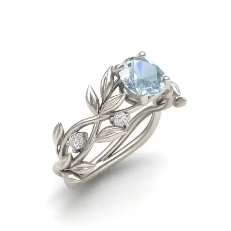 European and American style light luxury olive leaf sea blue zircon women\'s ring