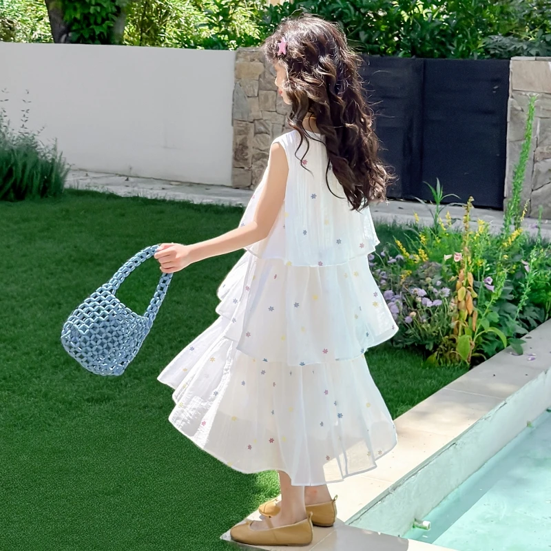 Girls White Tiered Floral Print Dress Sleeveless Lightweight Flowy Maxi Dress for Kids Summer Beach Birthday Party 6-14Y