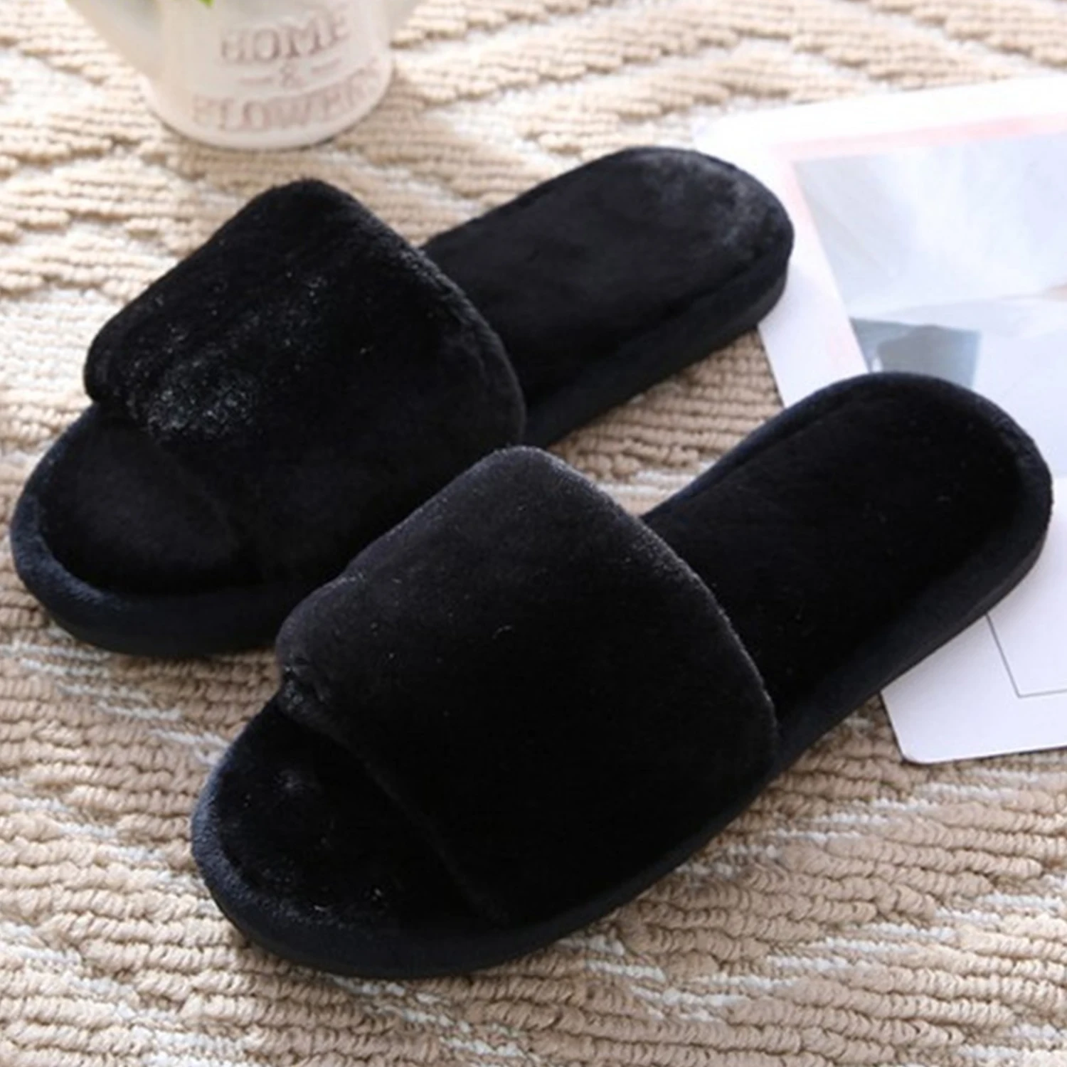 1 Pair 2024 Winter Fluffy Slippers Solid Color Open Toe Cozy Plush Shoes Indoor Outdoor Fuzzy Warm Slippers