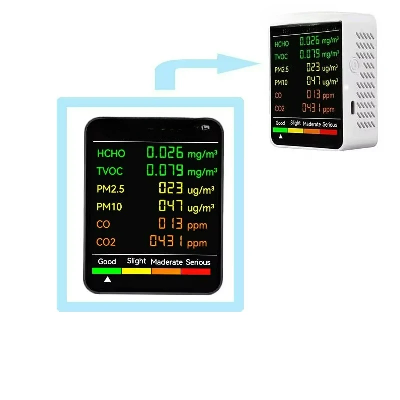 New 6 in 1 Home Office Air Quality Detector PM2.5 PM10 HCHO TVOC CO2 CO Gas Analyzers Formaldehyde Monitor for Household Use