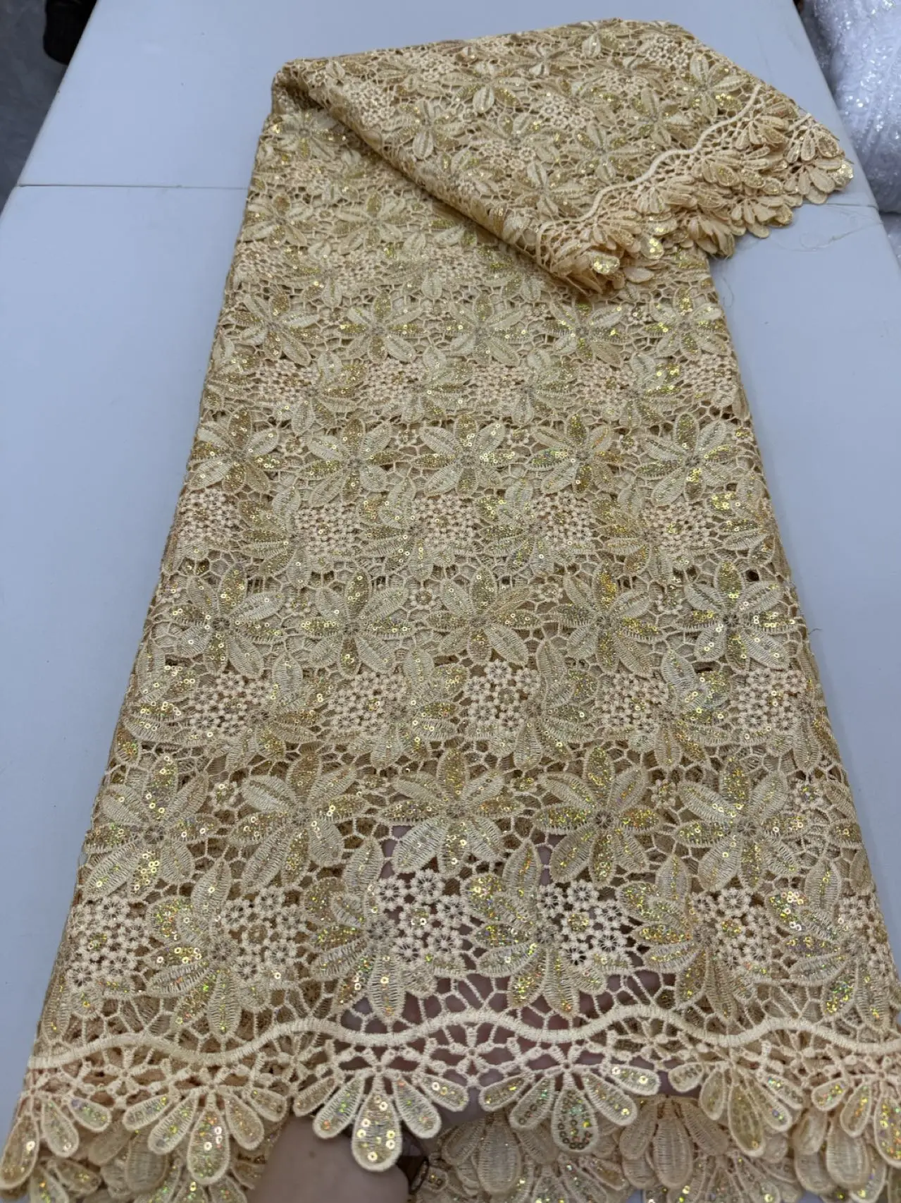 قماش دانتيل أفريقي 2025 جودة عالية، أقمشة قطنية بالمتر، تطريز، ترتر، كتان، فساتين الحفلات، تول، ابيض، 5 ياردات