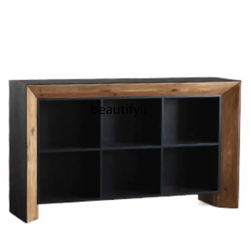 

Qiji Wind Black Solid Wood Sideboard Weathering Old Pine Oak Veneer Vintage Distressed Six-Grid Storage Cabinet furniture