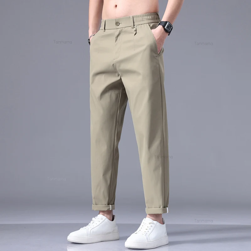 Summer Ultra-thin Men\'s Ice Silk Casual Pants Fashion Solid Color Loose Business Straight Ankle Length Trousers Black Gray Khaki