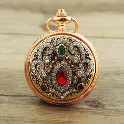 Reloj de bolsillo creativo Retro con tapa abatible Unisex, reloj de bolsillo decorativo de diamante rojo Retro, superficie de cuarzo