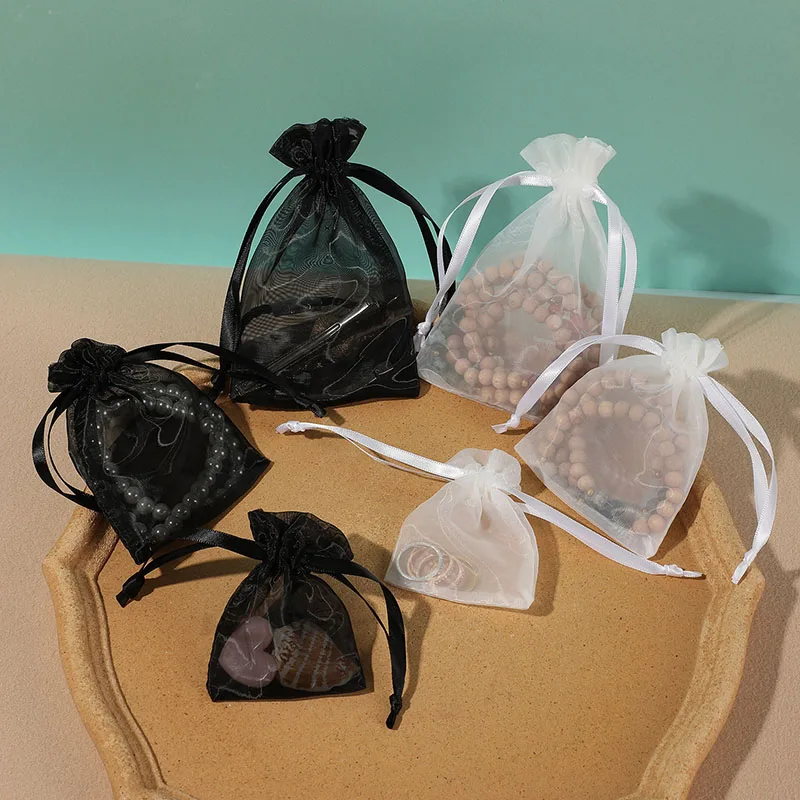 100pcs/lot 7x9 9x12 10x15cm 50-screw Thickened Organza Drawstring Bags Black & White Wedding Candy Gift Packaging Pouches