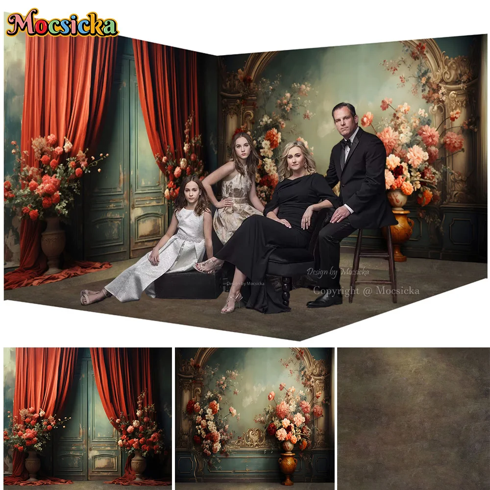 

Retro Green Hand-painted Flower Wall Background Palace Red Curtain Family Portrait Art Backdrop Interior Booth Studio Photoshoot