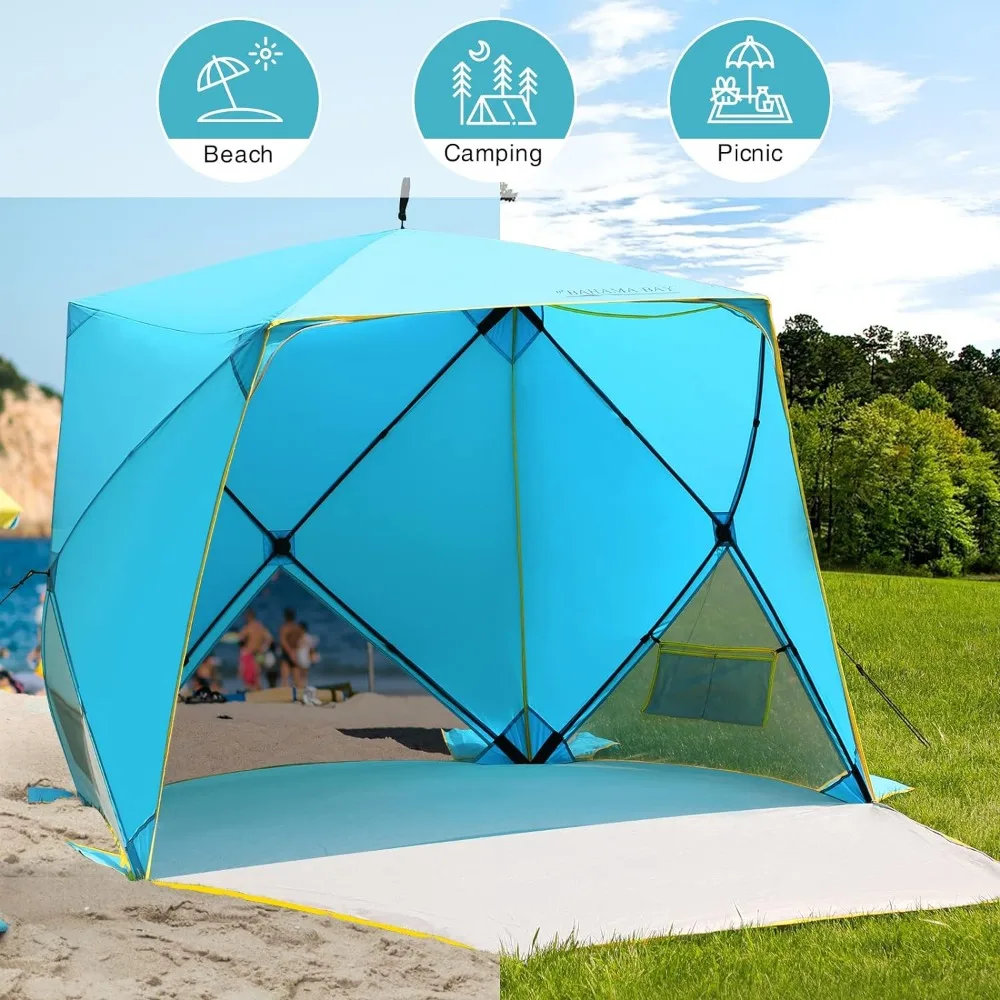 Pop Up Beach Tent, Portable Shade Sun Shelter UPF50+ UV Protection for 4 Person Extendable Floor for Fishing Hiking Camping, Wat