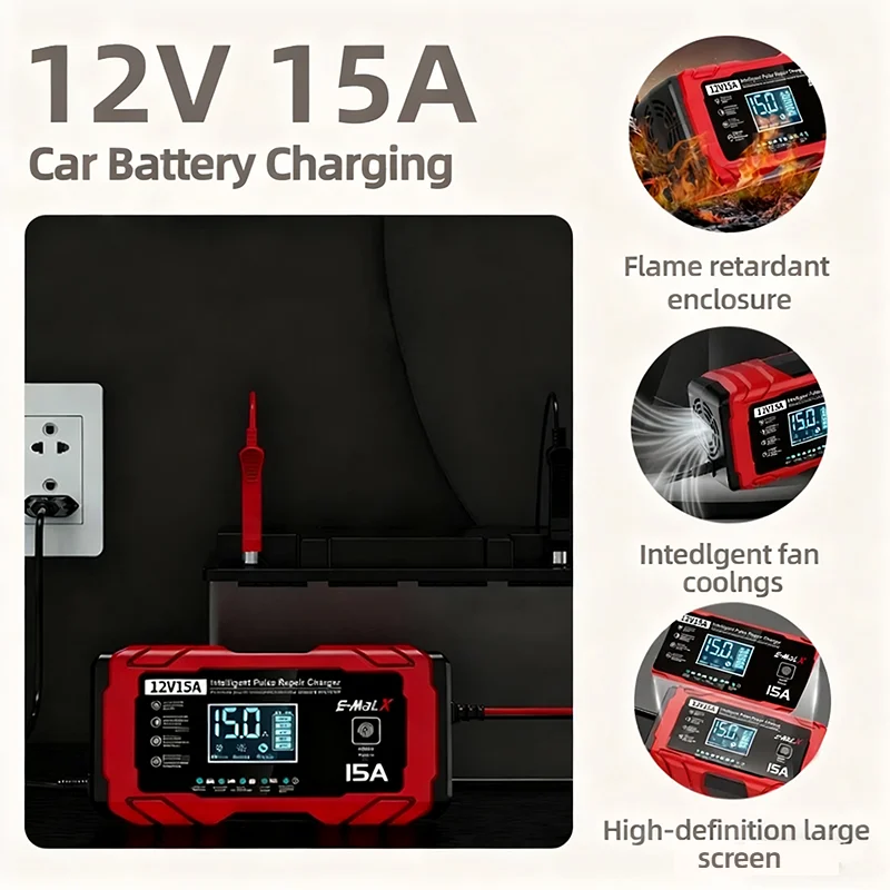 

12V 15A Multifunctional Car Battery Charging 14.6V 15A Intelligent Pulse Repair Charger For Lifepo4 Lead Acid AGM GEL Battery