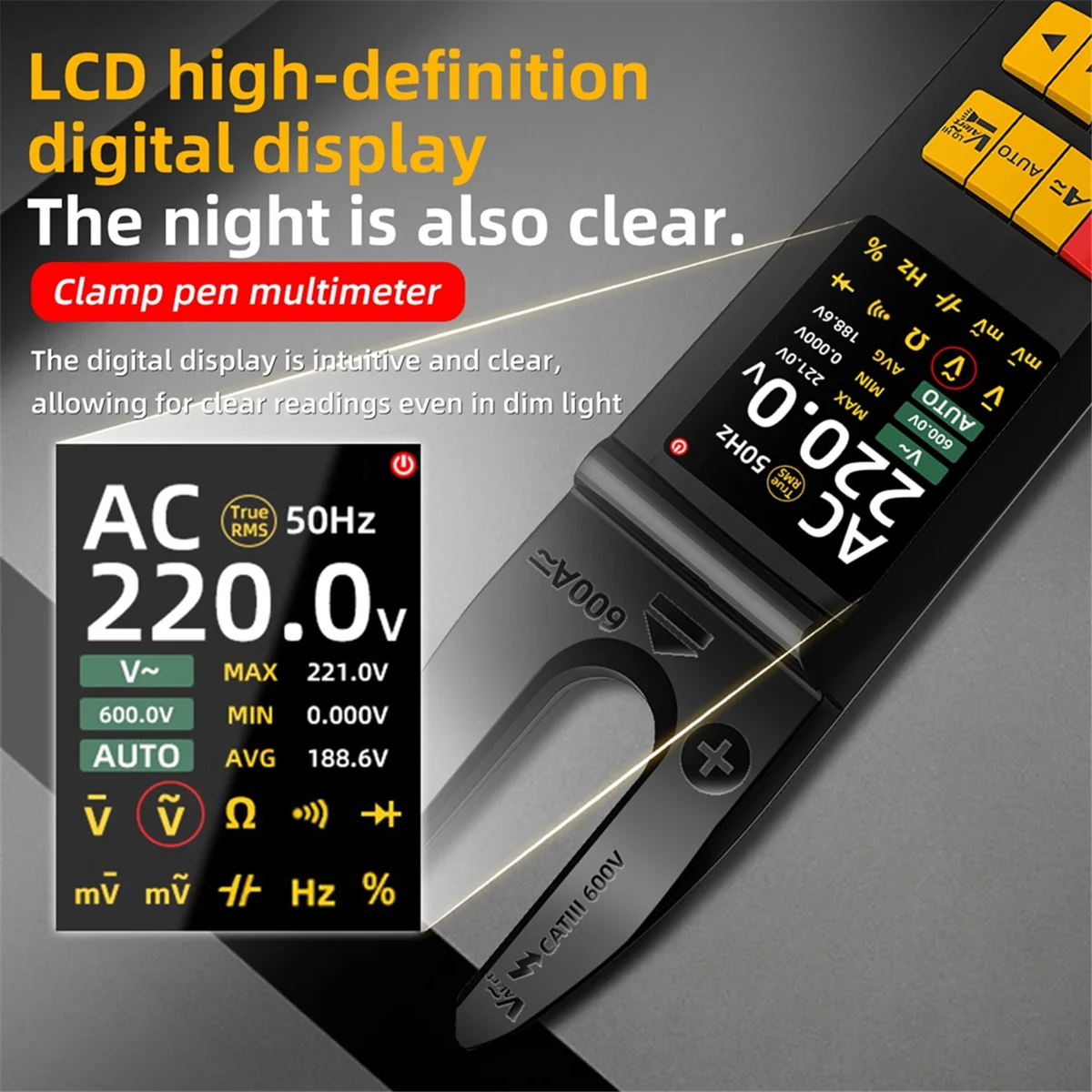 AB52 U5 DC AC Current Tester 600A U-Shaped Clamp Meter True RMS Auto-Ranging TFT Screen USB Rechargeable 1200mAh NCV Multimeter