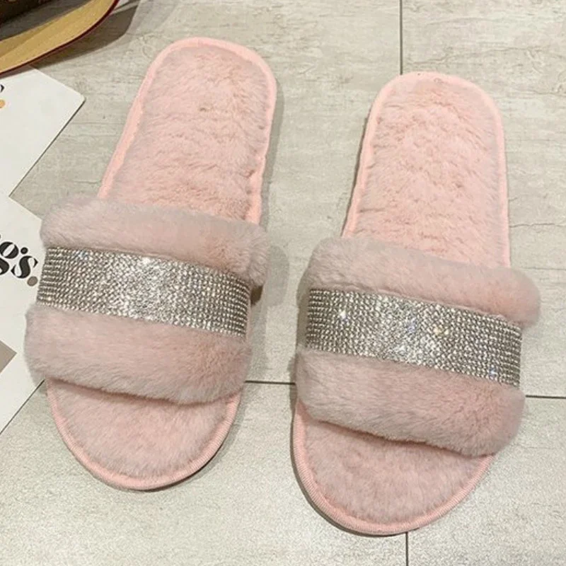 Winter Luxury Rhinestone Women Warm Fur Slippers Cozy Fluffy Furry Slides Crystal Flat Indoor  Design Home Shoes Ladies 43