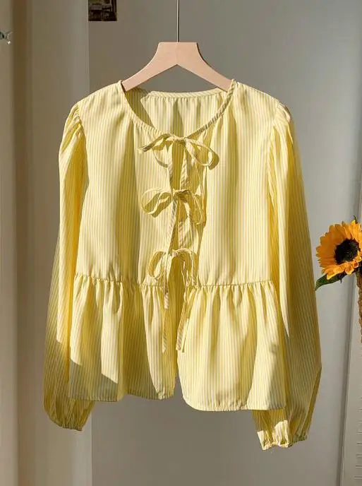 Spring Latest Hot Selling Casual Long Sleeved Shirt, Lace Up Multifunctional Striped Shirt, New Women's Top for Autumn 2025