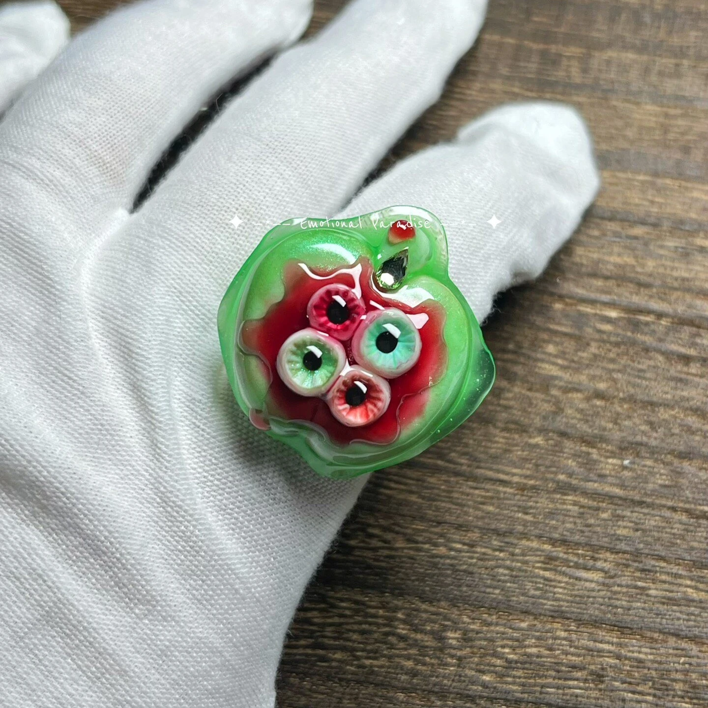 3004 Handmade Clay Open Ring Green Apple Multi Eyeball Design Gothic Dark Style Adjustable Finger Ring Original Handcraft Weird