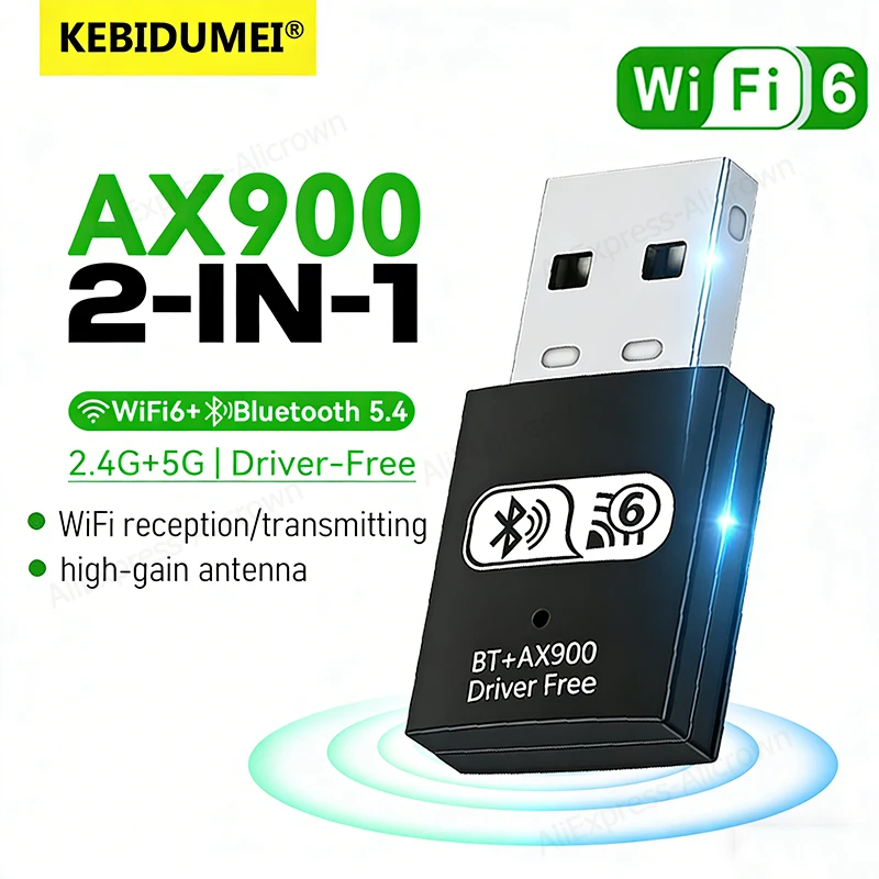 

KEBIDUMEI WIFI6 AX900 USB-приемник Wi-Fi, беспроводной адаптер Bluetooth 5,4, двухдиапазонный беспроводной адаптер 2,4G + 5 ГГц, 900M, сетевая карта, донгл для Win10/11