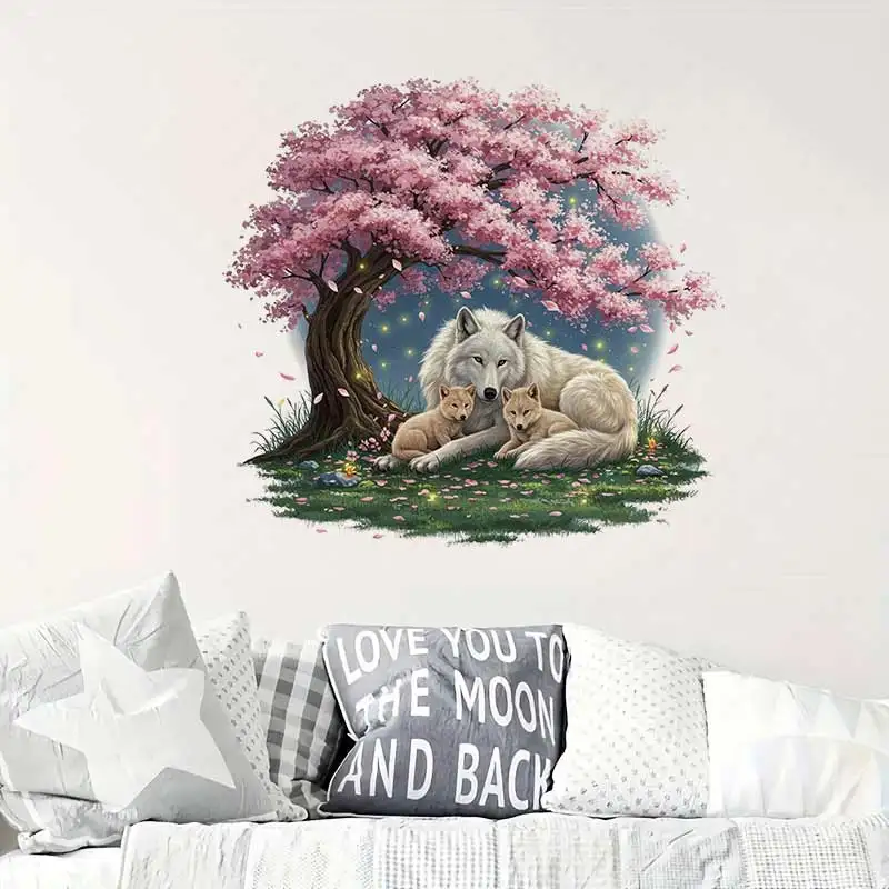 Watercolor Wolf Mom Cherry Blossom Wall Sticker Bathroom Toilet Decor Living Room Cabinet Refrigerator Home Decoration M1464