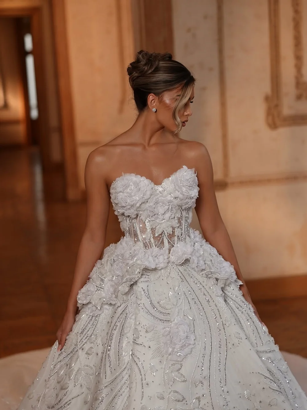 Glamorous Strapless Wedding Dress Exquisite Beading 3D Flowers Bridal Gown For Bride Floor Length Customized Vestido De Novia