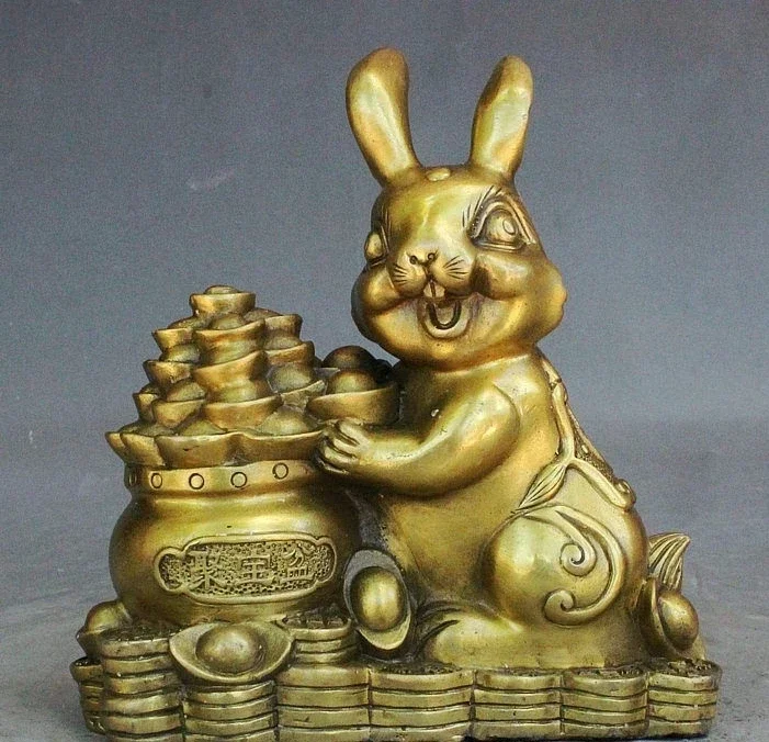 Chinese Fengshui Brass Fu Animal Rabbit Hold Yuanbao Money Treasure Bowl Statue