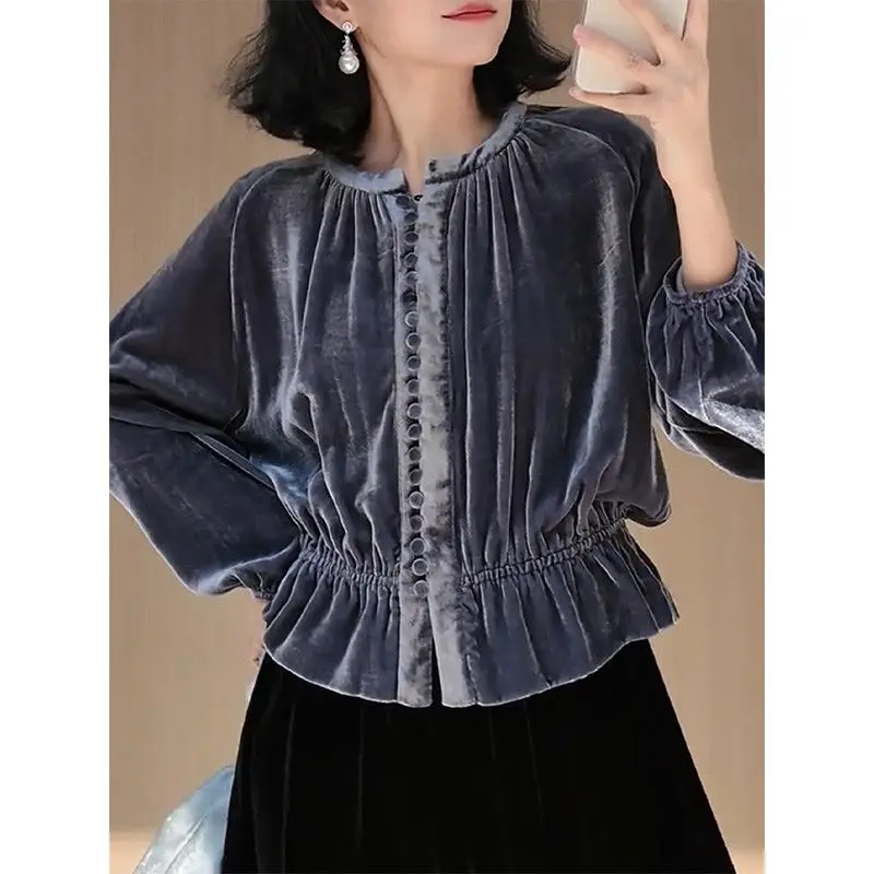 

2025 Autumn Elegant Style Velvet Shirt Women's Waist Casual Loose Versatile Long Sleeve Shirt