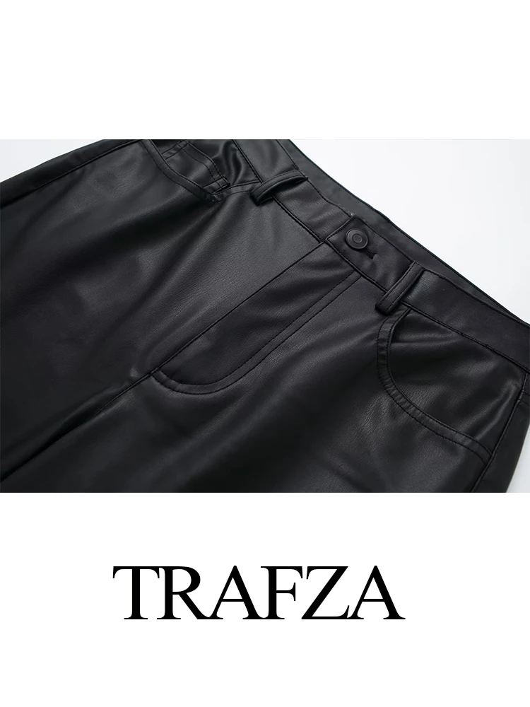 TRAFZA Woman Elegant Fashion High Waist Trouser Chic Straight Leg Pant Streetwear Wide Leg Pant Female Faux Leather Pants