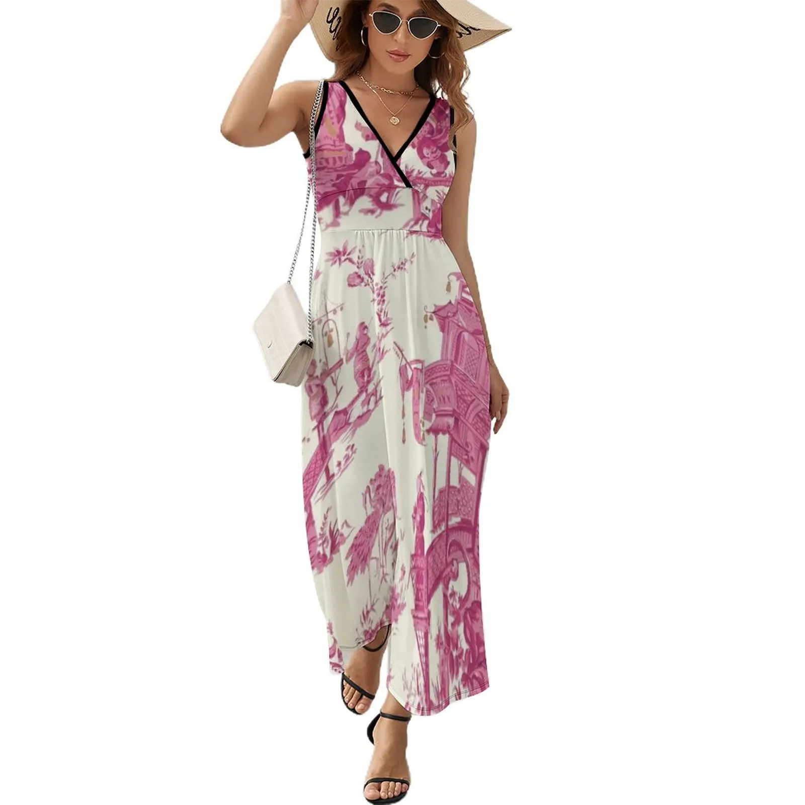 

Toile de Jouy Pink Chinoiserie Tea House Pagoda Sleeveless Dress women long dresses clothes for women