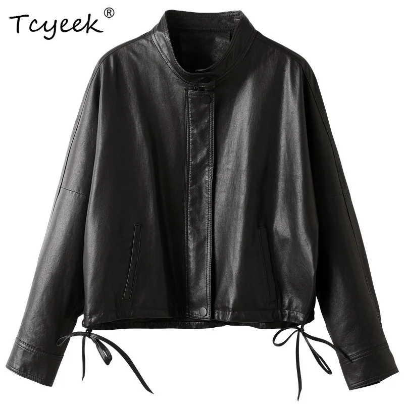Tcyeek camada superior de pele de carneiro primavera outono high end manga morcego gola jaqueta de couro genuíno das mulheres Ж Dönishiжаglas Куртка
