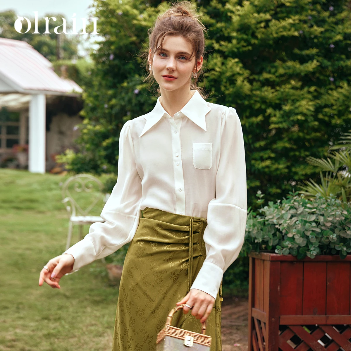 

OLrain Women's French Style Jacquard Chiffon Blouse 2025 Early Autumn New Elegant Long Sleeve Top O24CX69113