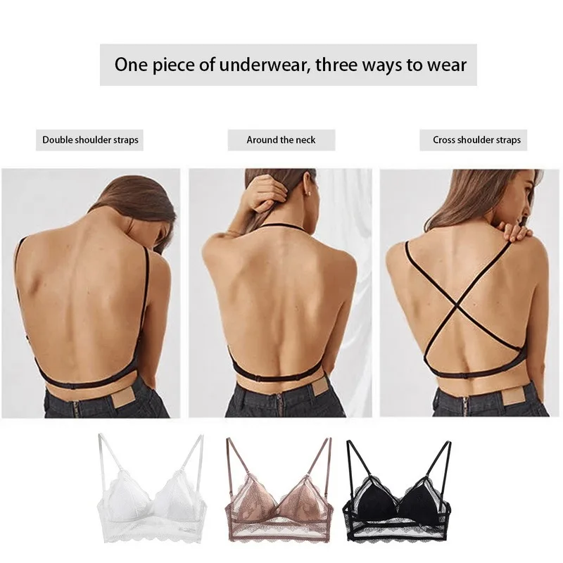 Sexy Lace Bra Deep U Backless Bralette Triangular Soft Seamless Underwear Women Low Back Transparent Bras Tank Tops