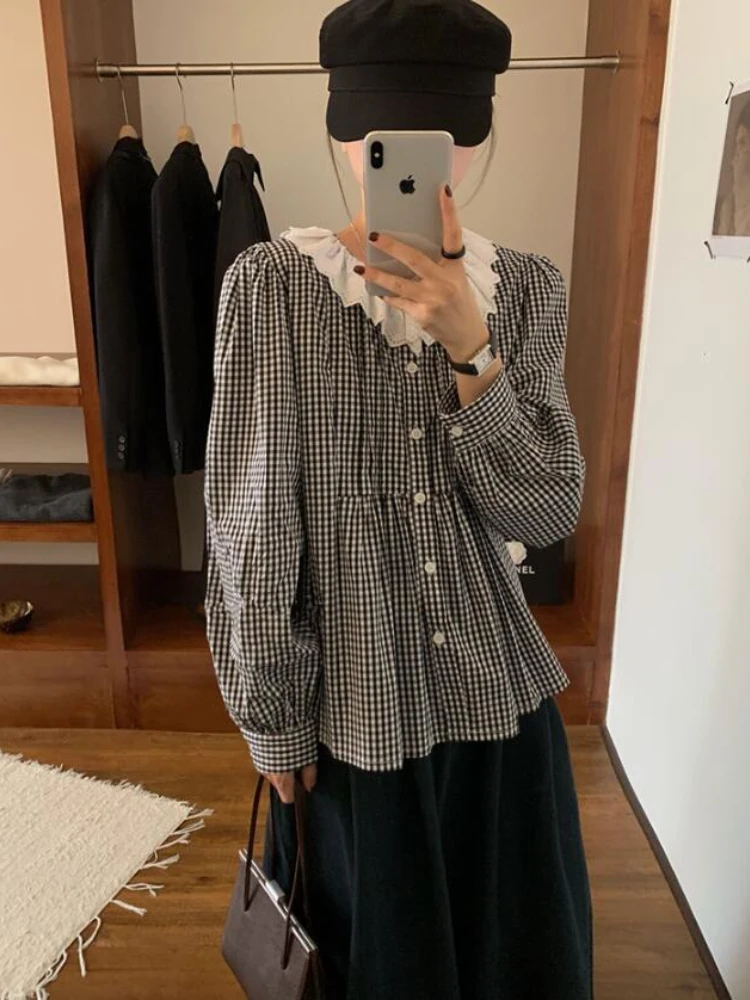 Autumn Long Sleeve Maternity Plaid Shirts Korean Style Preppy Style Pregnant Woman Blouses Sweet Pleated Collar Pregnancy Tops